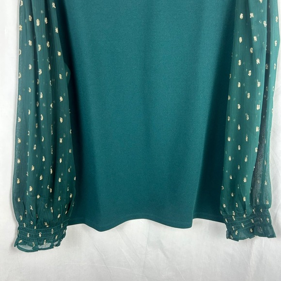 NEW Ann Taylor Sheer Sleeve Blouse Shirt Women XXL Green Gold Metallic Polka Dot - Picture 4 of 8